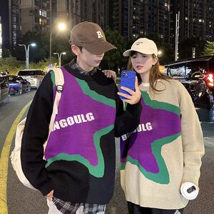 冬季情侣青少年港风星星毛衣宽松外套套头中长款针织衫 M539图片