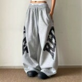 复古做旧字母印花抽绳情侣弯刀卫裤宽松爵士舞显瘦阔腿裤K8110P50，男装休闲裤，星座1013-2