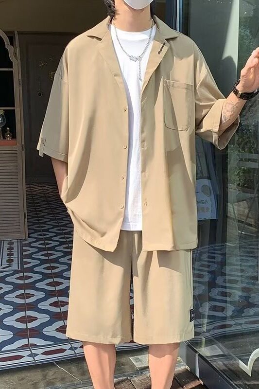 时尚套装男短袖衬衫短裤潮牌搭配夏季薄款男士休闲两件套A52P55,男装休闲套装,星座1013-2