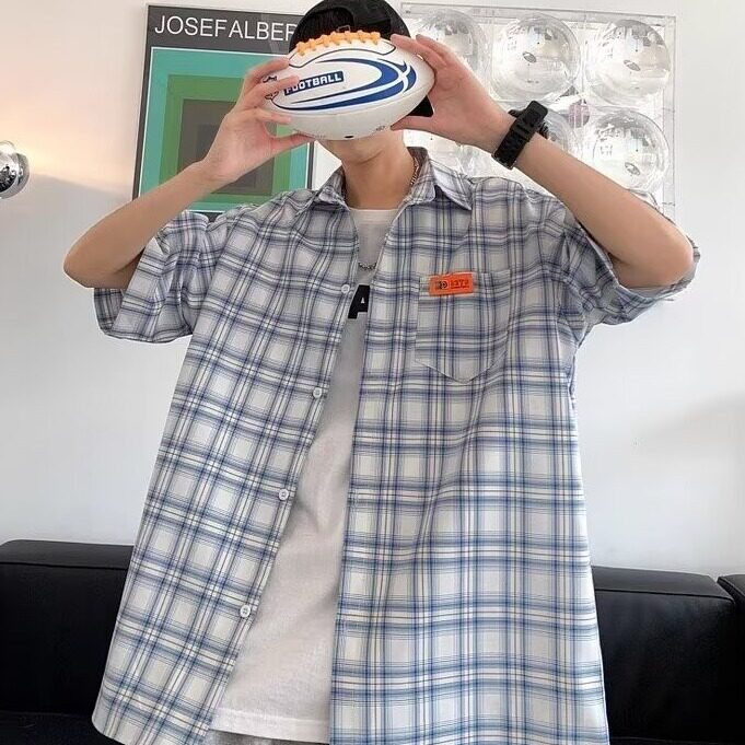 短袖衬衫男高级感夏季薄款潮流日系风男装外套格子衬衣C453P38,男装衬衫,星座1013-2