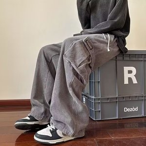 秋季高街裤子潮牌美式复古多口袋工装裤男宽松直筒阔腿裤 K770P48图片