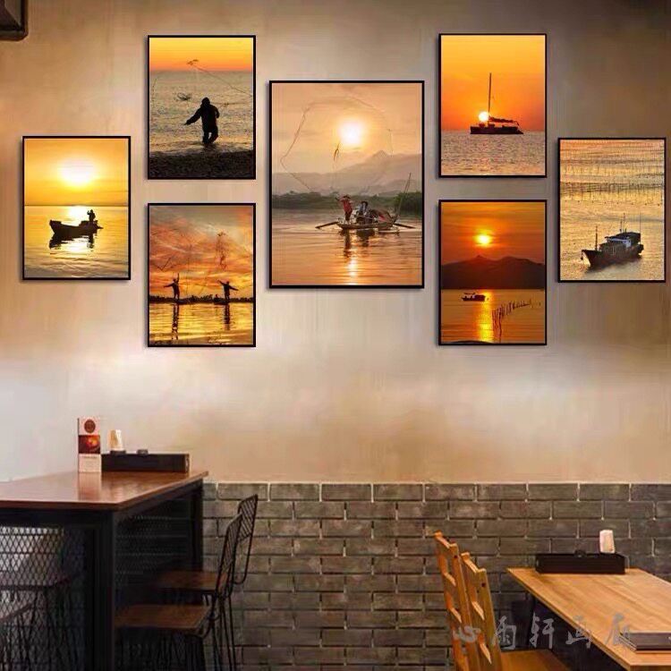 渔民捕鱼装饰画海鲜餐厅海边日落黄昏风景挂画饭店酒楼火锅店壁画