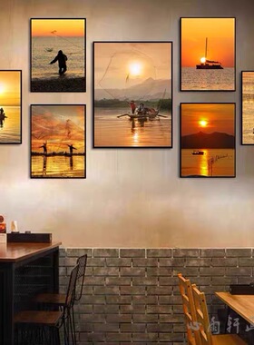 渔民捕鱼装饰画海鲜餐厅海边日落黄昏风景挂画饭店酒楼火锅店壁画