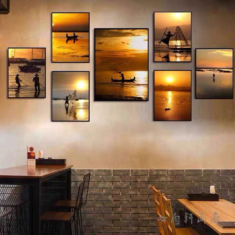渔民捕鱼装饰画海鲜餐厅落日黄昏海岸挂画酒楼饭店渔夫抛网壁画