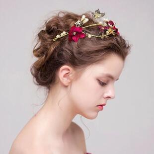 敬酒服头饰新娘红色头花发箍三件套新款简单大气结婚纱礼服发饰品