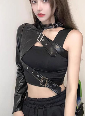 欧美风爵士领舞朋克机车皮单肩袖半边上衣gogo女团舞台打歌演出服