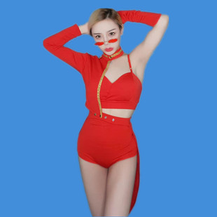 DJ主播女歌手爵士领舞打歌啦啦队表演红色演出服上衣+短裤+腰封裙