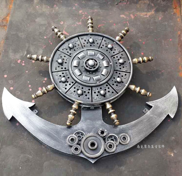 工业风重金属铁艺墙，复古手工地中海船舵锚酒吧网咖餐厅酒店