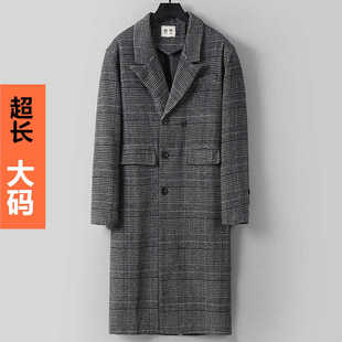 新款毛呢大衣男秋冬时尚格子大号呢子外套超长款过膝胖子肥佬宽松