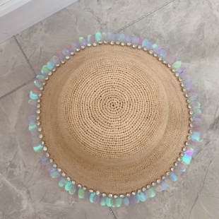 高品制 春夏新款闪钻亮片钟形帽圆顶赵露思同款拉菲草帽可折叠