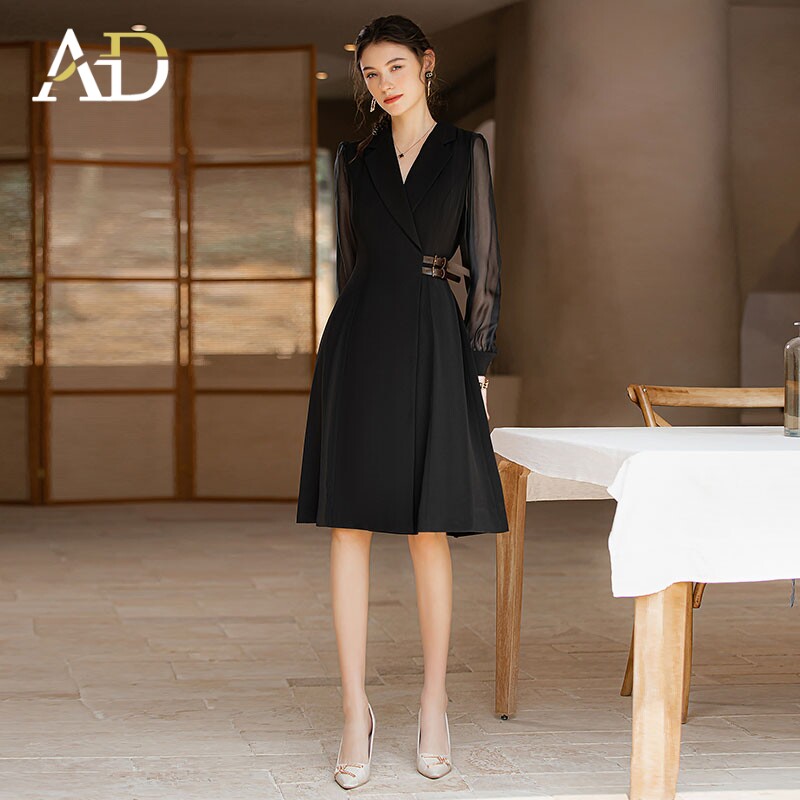 AD薄纱透视灯笼袖西装连衣裙女气质赫本风小黑裙收腰显瘦大摆裙子