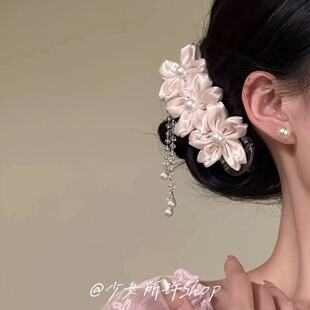春季盎然~甜美樱花粉色花朵流苏发夹温柔风侧边夹鸭嘴夹