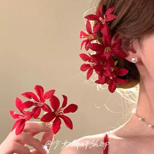 2026春夏新款氛围感红色花朵发簪中式头花发饰高级感侧边发卡头饰