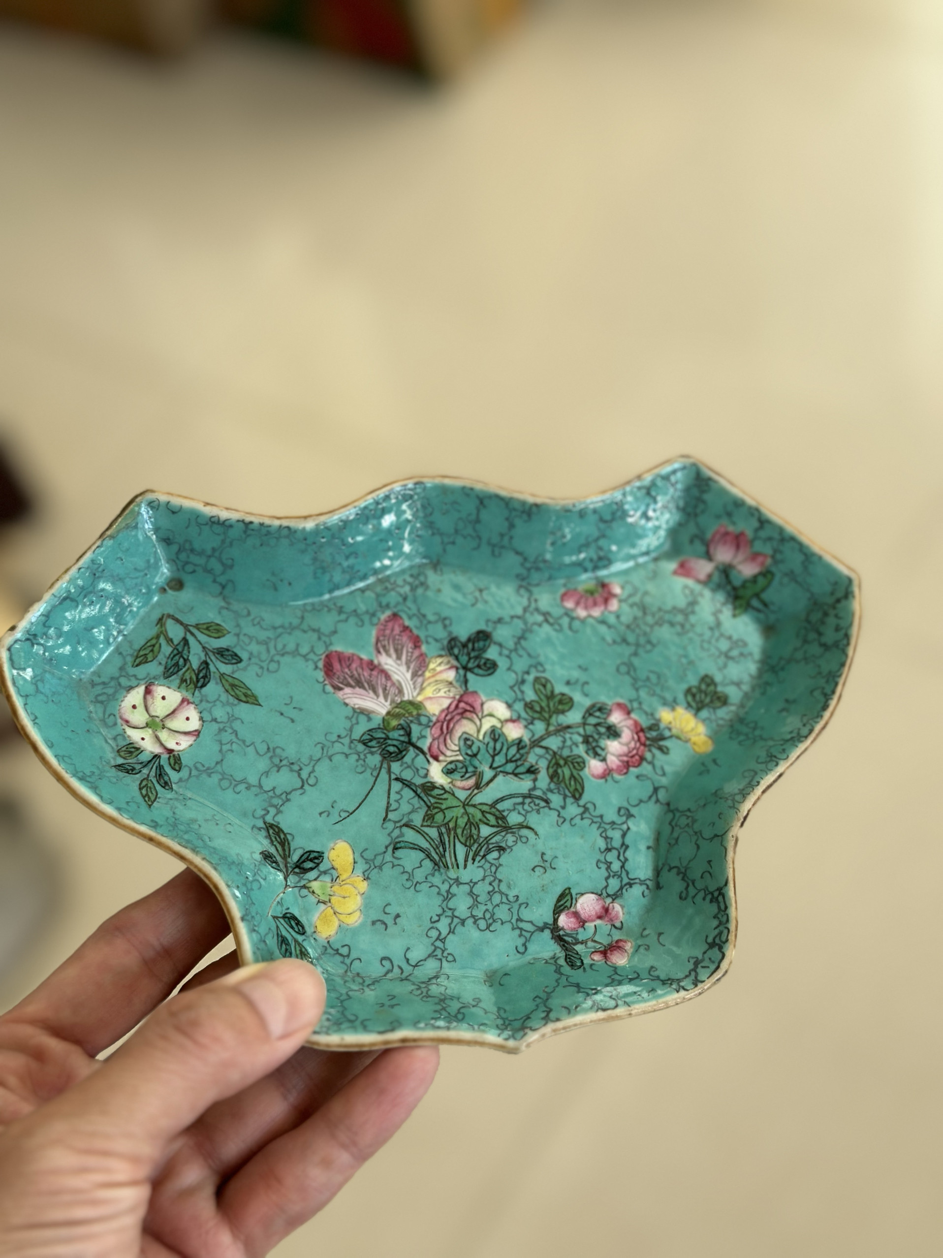 清三代乾隆绿松石釉粉彩花蝶纹 蝴蝶型茶盘 茶托 老瓷器老茶器