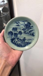 清三代乾隆豆青青花山水茶托 老瓷器茶垫 壶承茶盘碟 老茶器收藏
