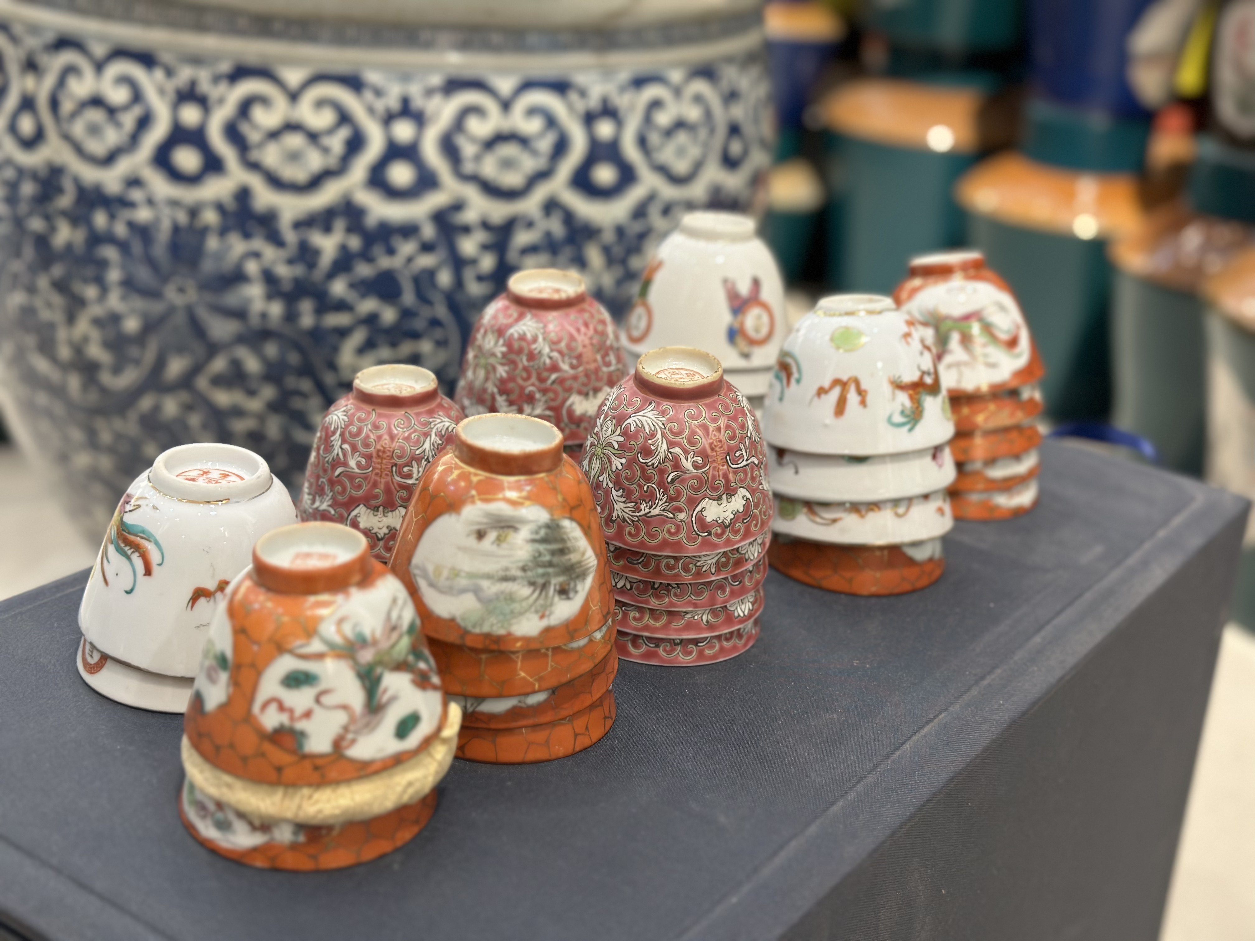 清末民国二缸盅茶杯 粉彩龙凤描金婴戏图老陶瓷杯子 早茶主人杯