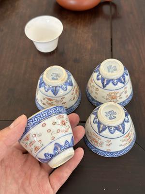七八十年代出口二缸盅 景德镇青花玲珑茶杯 龙纹矾红描金品茗杯