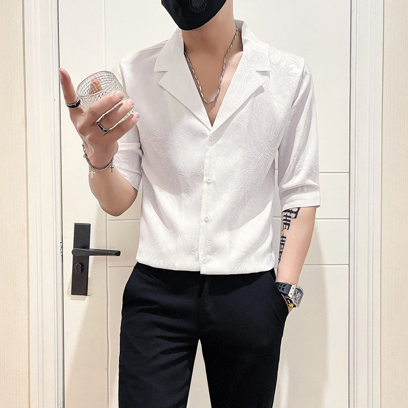 夏季潮牌冰丝西装领短袖衬衫男痞帅修身透气五分袖痞帅七分袖衬衣