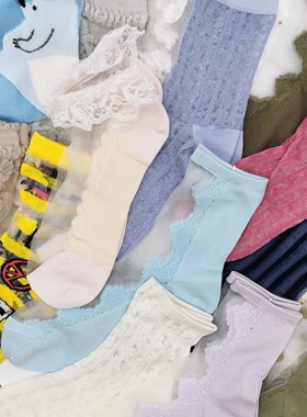 tutu日本anna水晶丝夏少女甜美蕾丝条纹格子卡通棉玻璃丝中筒袜