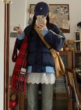 Y891潮牌美式拼接条纹oversize棉服女秋冬季宽松加厚棉衣外套女