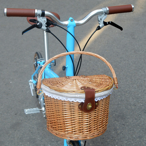 半圆形藤编小布折叠自行车篮子