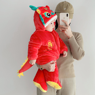冬季婴儿过年服新年喜庆加厚包脚连体衣男女宝宝冬装棉衣外出抱衣
