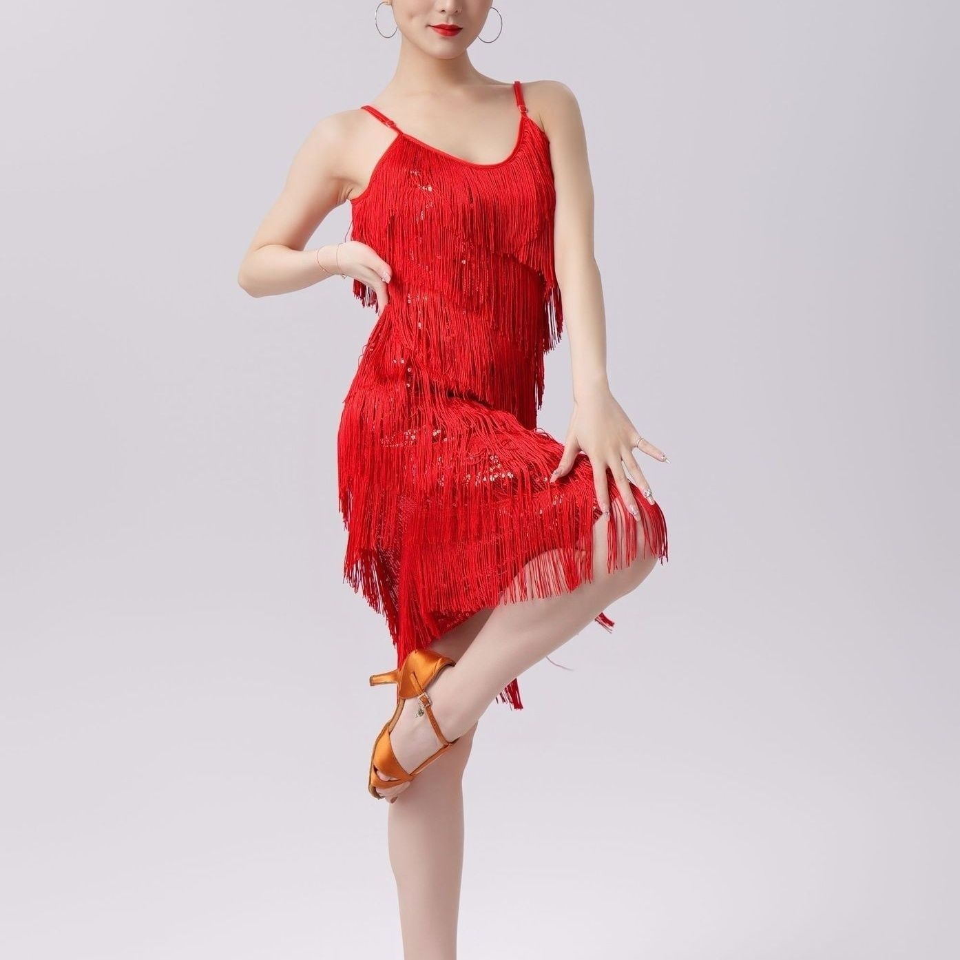 新款拉丁舞会吊带裙舞蹈裙V领拉丁舞亮片流苏舞裙舞台表演比赛服