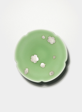 景德1004高温原矿石灰碱青釉手绘碧色纯银落花小茶盏主人杯60ml