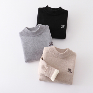 儿童加绒加厚毛衣宝宝圆领针织衫男女童秋冬套头黑白纯色打底线衫