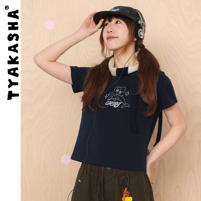 TYAKASHA塔卡沙T恤女2026春季新款藏青色T恤修身显瘦短袖T恤