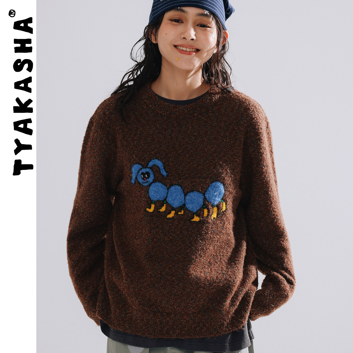 TYAKASHA塔卡沙毛衣女2025秋冬新款咖色毛衣趣味圆领毛衣女