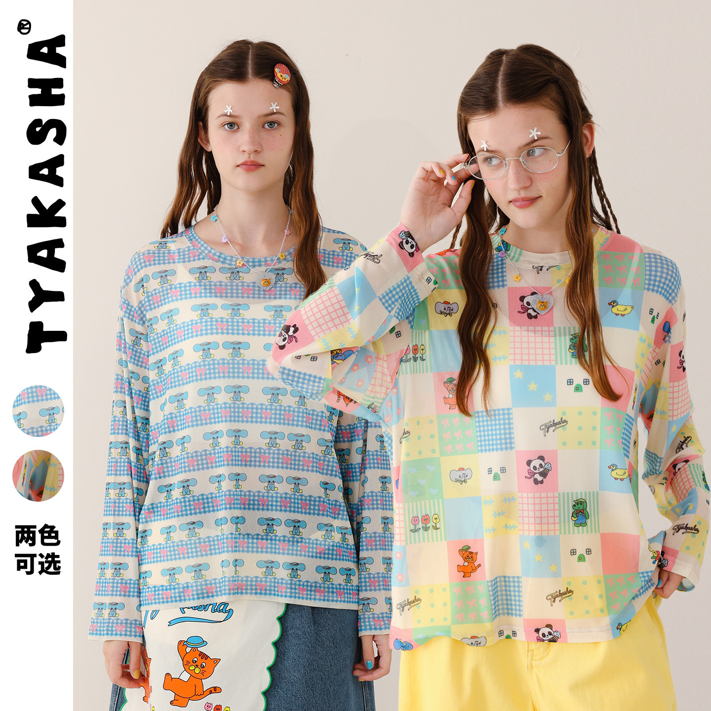 TYAKASHA塔卡沙女款上衣2026夏季新款满印插画上衣萌趣宽松打底衫图片