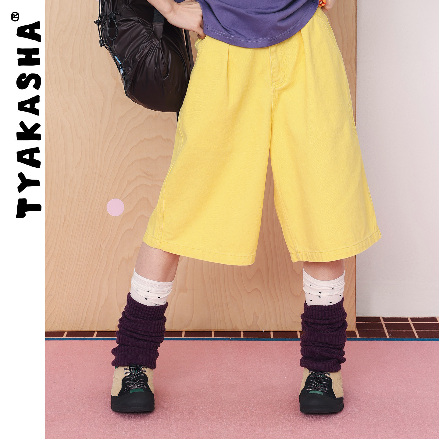 TYAKASHA塔卡沙裤子女2026春季新款黄色七分裤百搭直筒中裤