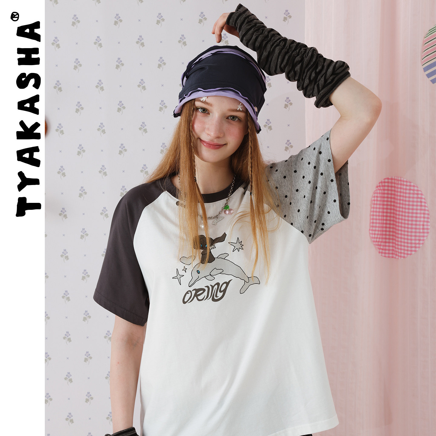 TYAKASHA塔卡沙T恤女2026夏季新款休闲百搭带袖套拼色短袖T恤女