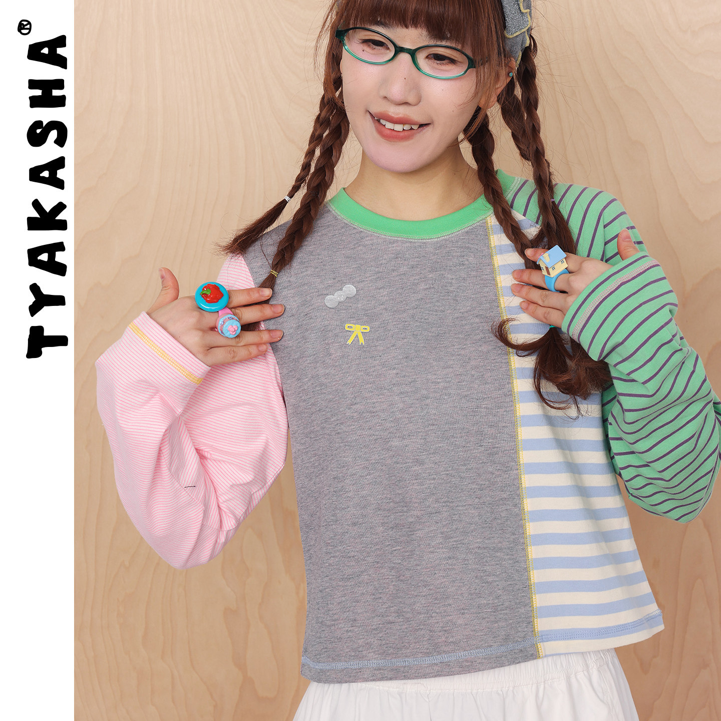 TYAKASHA塔卡沙T恤女2026春季新款拼色条纹T恤撞色圆领套头长袖T