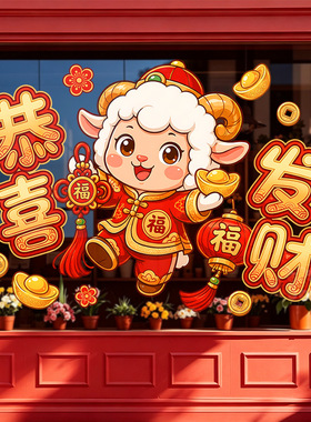 春节羊年恭喜发财元宝小羊氛围感红色装饰品静电玻璃门橱窗户贴纸