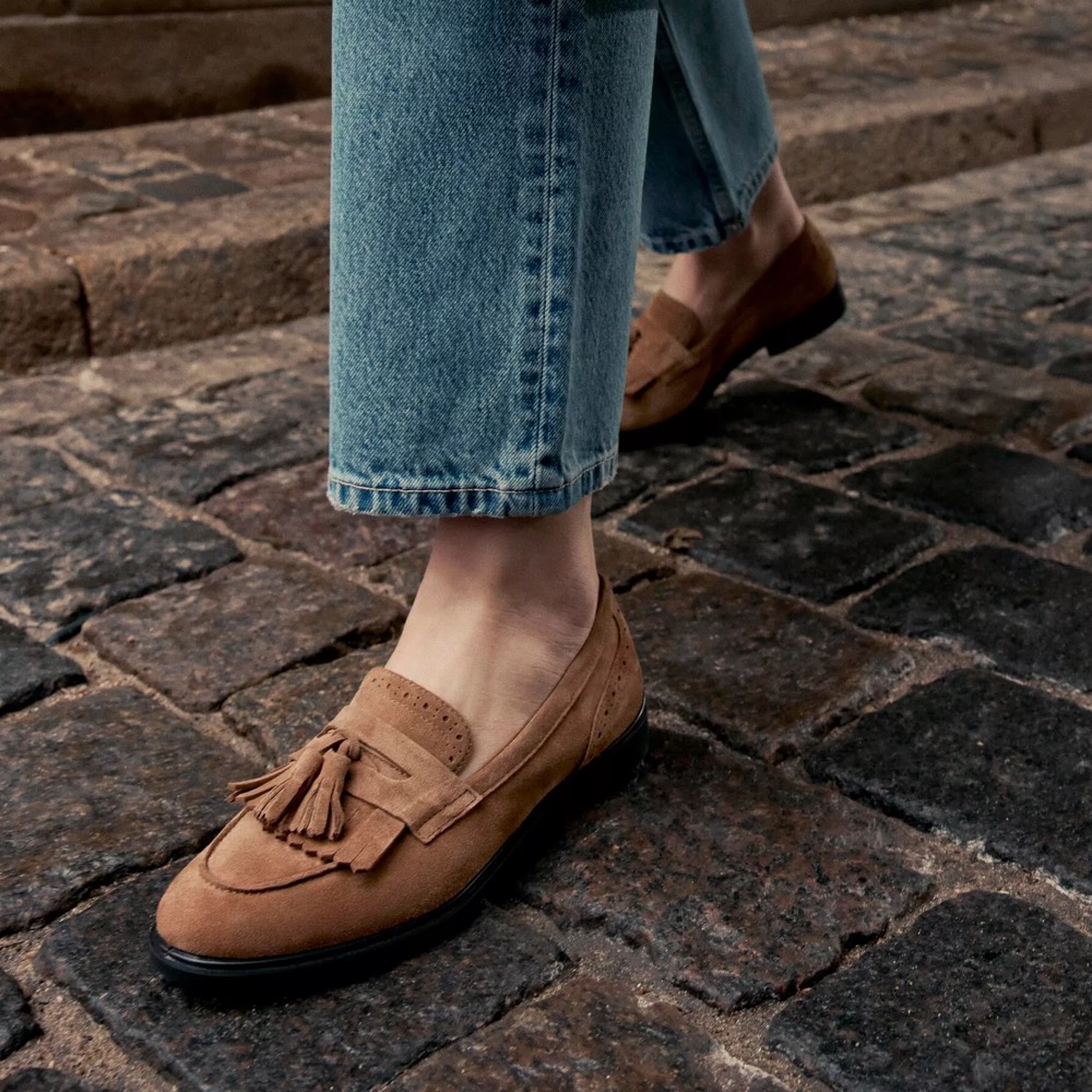 ECCO爱步女鞋25新款流苏乐福鞋一脚蹬平底磨砂牛皮休闲单鞋209863