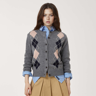 2025女菱形花纹针织开衫 直邮WHO.A.U 韩国代购 WHCKF4V71F 黑炭