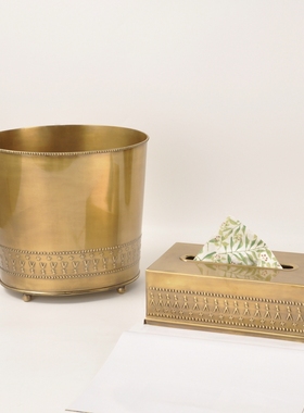 欧式美式古典轻奢全黄铜复古手工外贸进口冰桶纸巾盒套装居家摆件