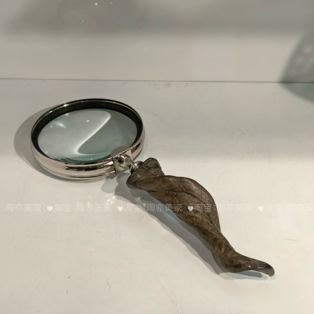 印度进口创意牛角手柄黄铜镀银高清放大镜摆件 北欧美式书房摆设