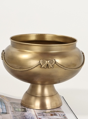 创意蝴蝶结复古收纳桶 台面铜制果盘印度进口手工铜花桶美式古典