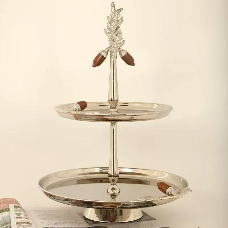 现代简约下午茶双层不锈钢亮银色点心糕点盘摆件样板间茶几收纳盘