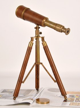 欧美古典奢华纯黄铜复古天文望远镜摆件新房书房书柜办公室工艺品