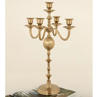 印度进口黄铜复古餐桌五头烛台摆件 北欧美式设计师搭配多头烛台