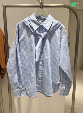 2026春季新款女装都市系带翻领格纹开襟衬衫UYU260002