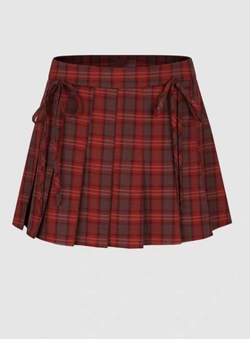 2026春季新款女装都市学院风格纹蝴蝶结红色百褶半裙UYU560003