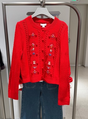UR UY2026春都市缕空花卉刺绣红色针织开衫新年红毛衣女UYU960017