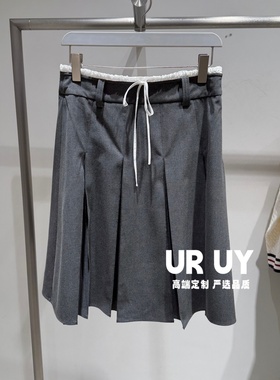 2026春季新款女装休闲学院撞色腰头抽绳百褶半裙UYY560003