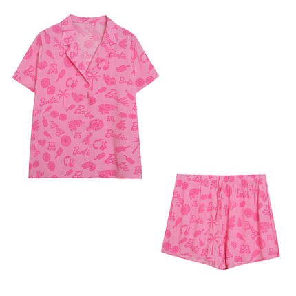 Cotton Rayon Pajama Pants~ Export-Friendly Skin-Friendly Rose Red Barbie Letter Short-Sleeve Shorts Set for Women, Summer Loose Cardigan