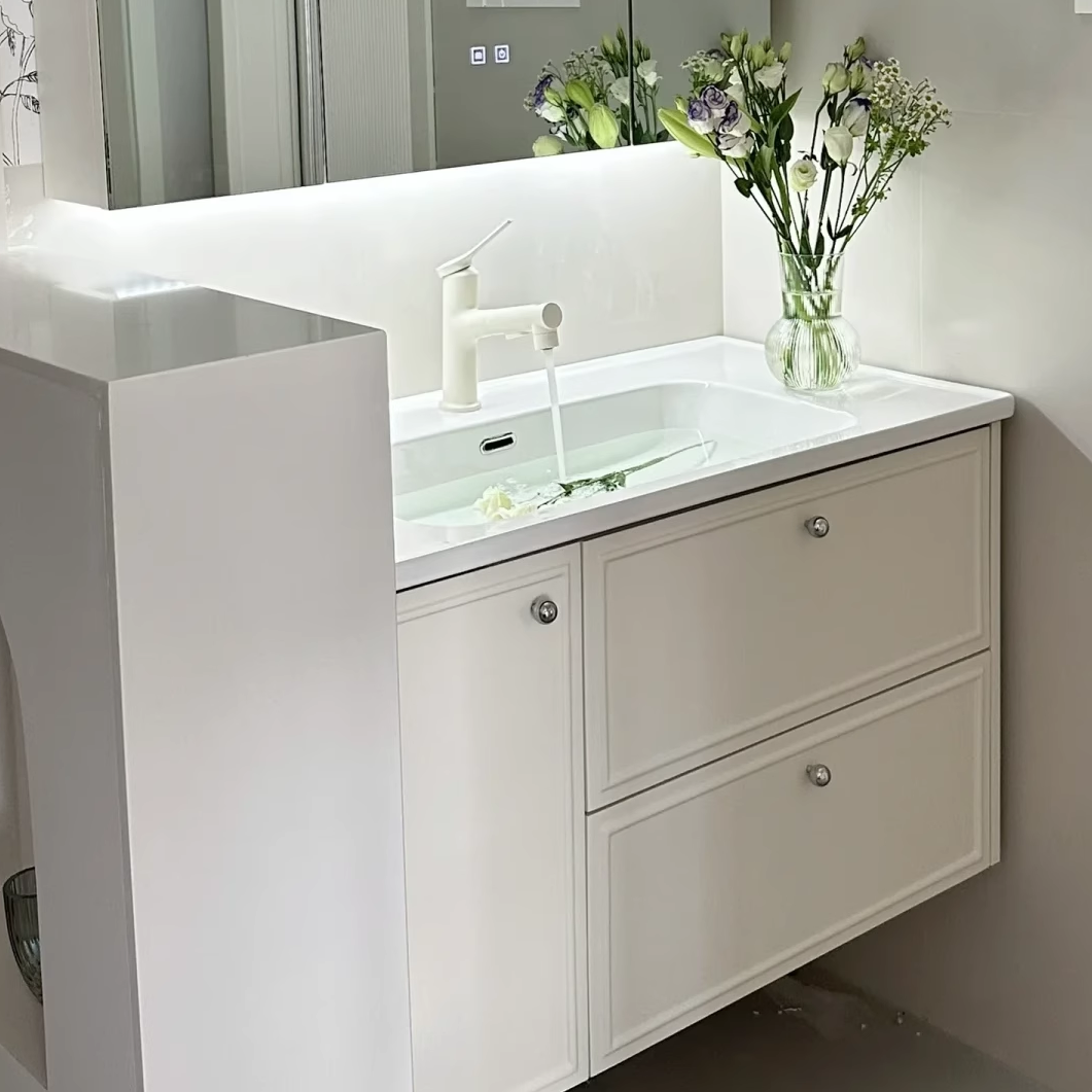 轻法式奶油风橡木烤漆浴室柜组合陶瓷一体盆洗手洗脸洗漱台盆镜柜